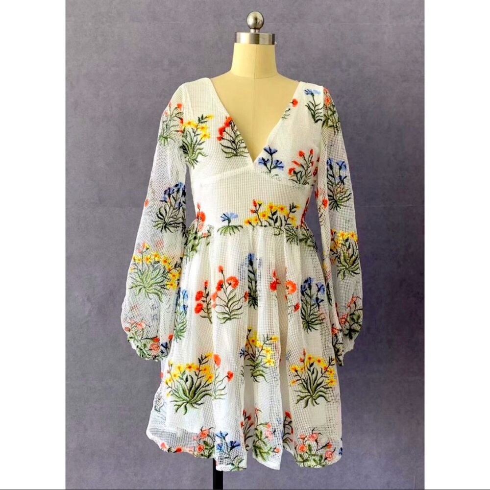 New A line Mesh Embroidered Puff Sleeve Dress - Picture 4 of 5